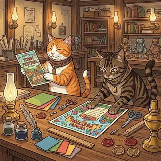トトがポスターを誇らしげに掲げ、ドラがレイアウトを調整している風景
