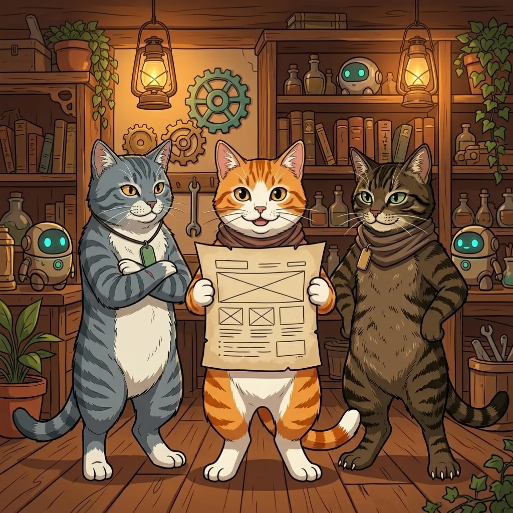 提案書を持って並ぶ猫スタッフたち