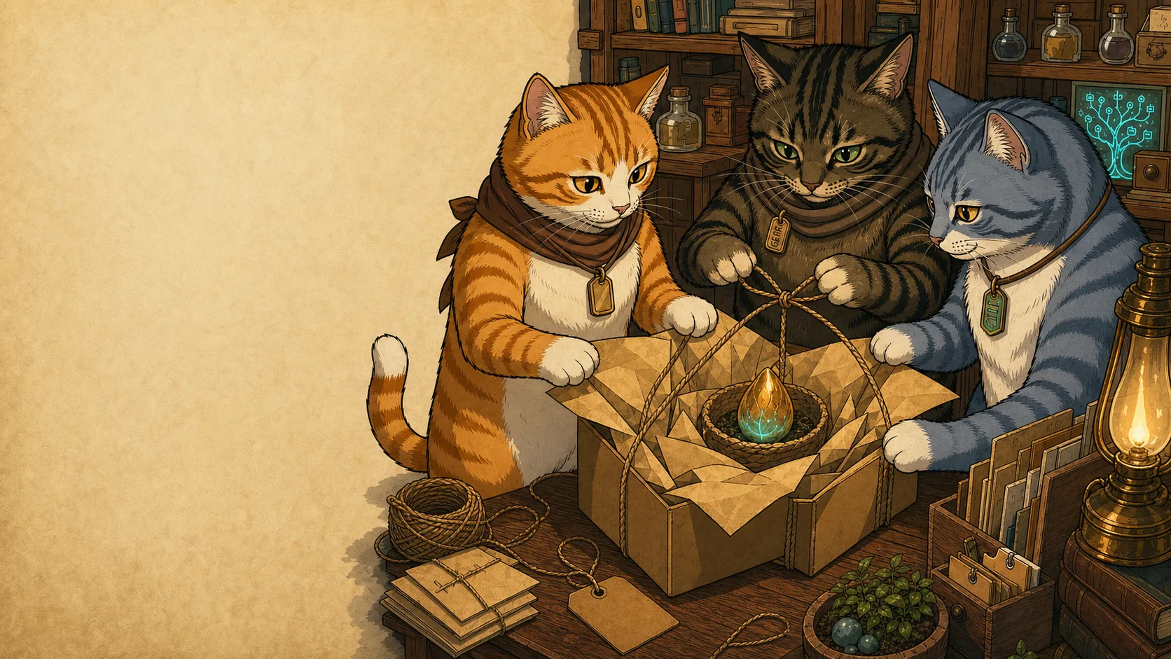 トト、ドラ、シマギが世界樹の種を贈り物として包んでいる工房のイラスト